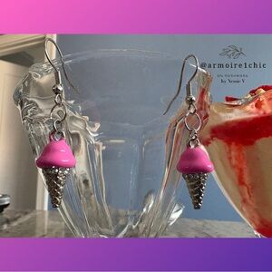 Strawberry ICE CREAM CONE Earrings | Pink and Silver Rhine Stones